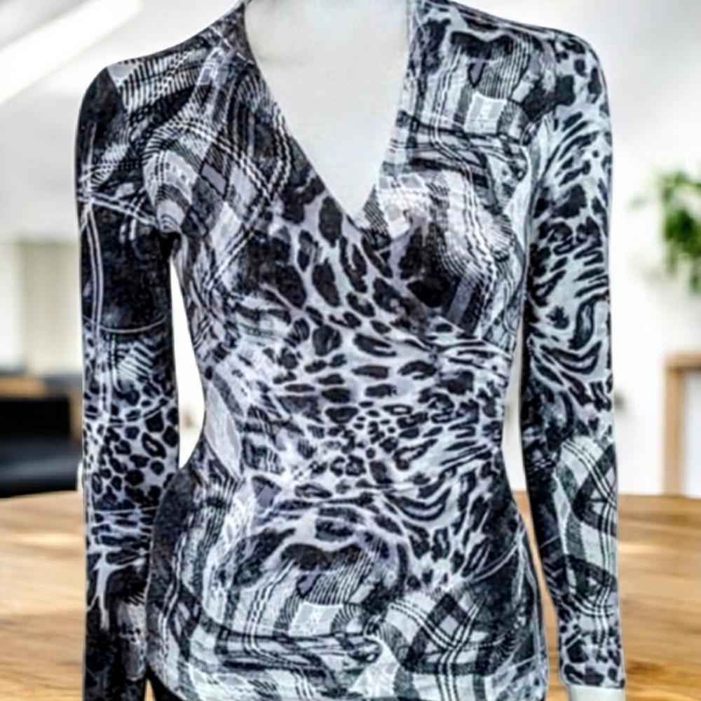 Vintage Cache LS Animal Print Plaid V-Neck Bodycon Sweater Sz. L